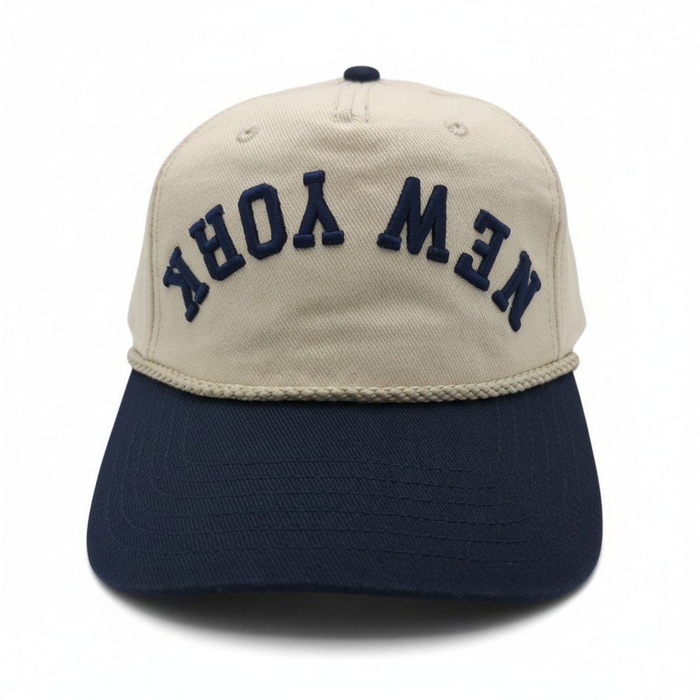 Mad‎ Engine New York Upside Down Embroidered Snapback Hat Cream Navy Rope Cap